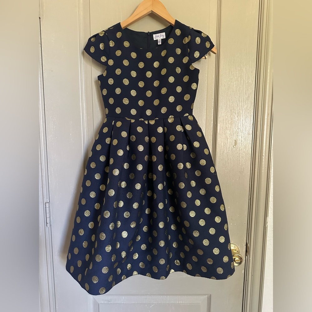 Charming Navy and Gold Polka Dot Kids Dress